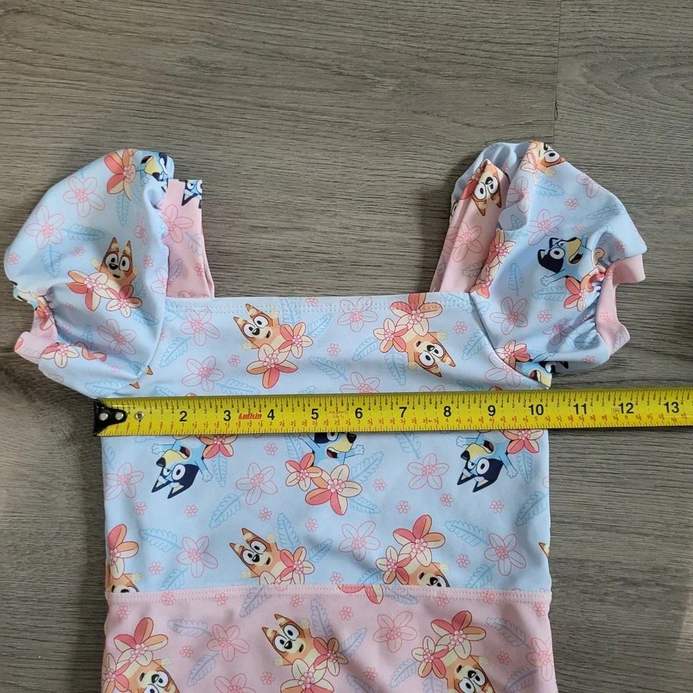 Bluey Bingo Girls 4T One Piece Swimsuit‎ Puff Sleeve Floral Blue Pink Toddler